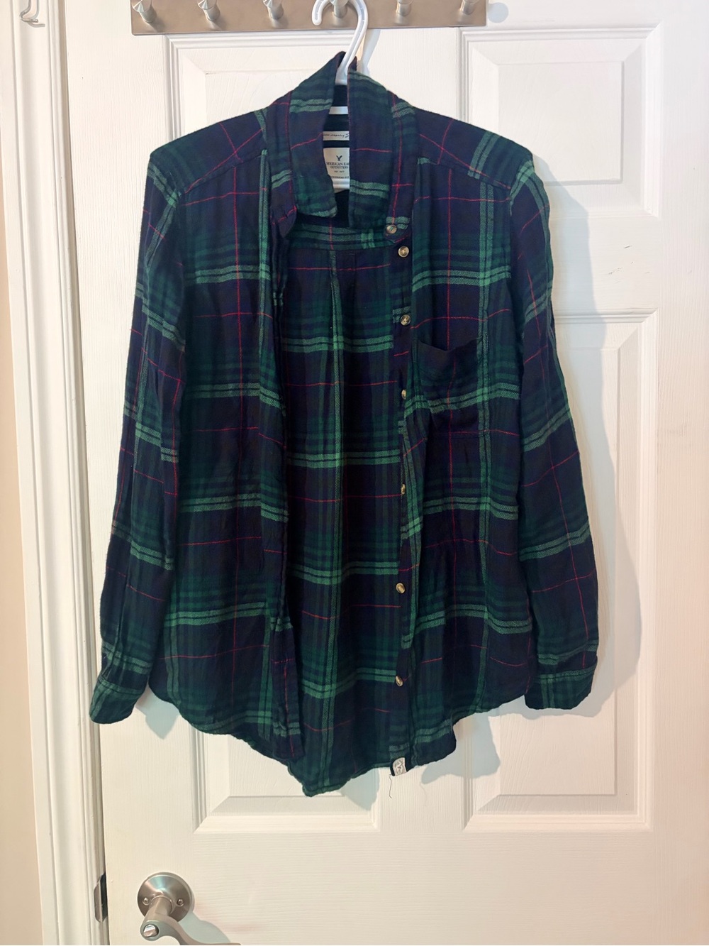 American Eagle Outfitters Boyfriend Fit Navy and Green Plaid Button-Down Shirt